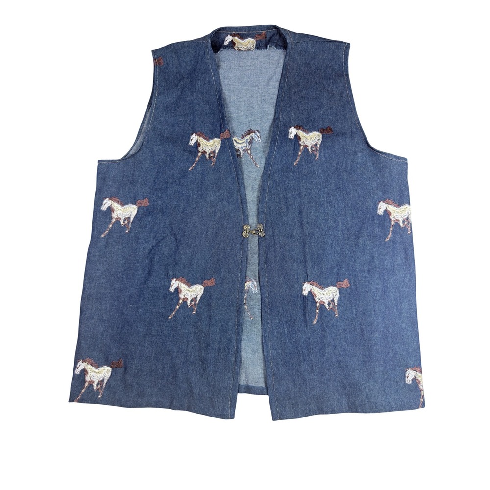 Denim Horse Embroidered Vest Women XL Blue Handmade